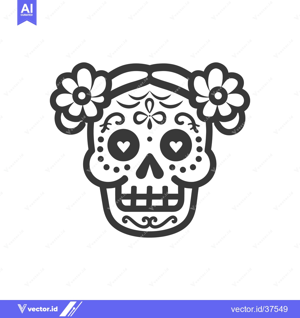 Premium Vector dari Decorated sugar skull with floral elements and heart shaped eye detail