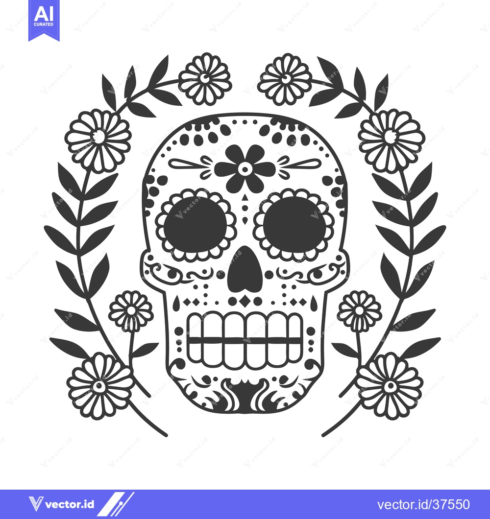 Premium Vector of Decorative skull with floral wreath design presented in black and whit