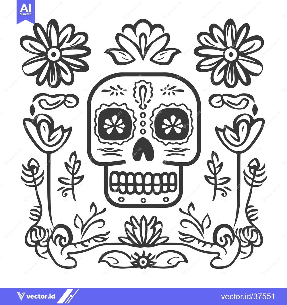 Premium Vector of A decorated sugar skull surrounded by floral and ornamental designs