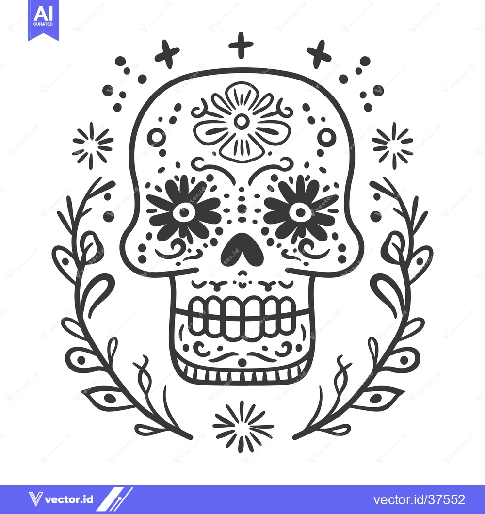 Premium Vector dari An ornate sugar skull surrounded by floral and star elements