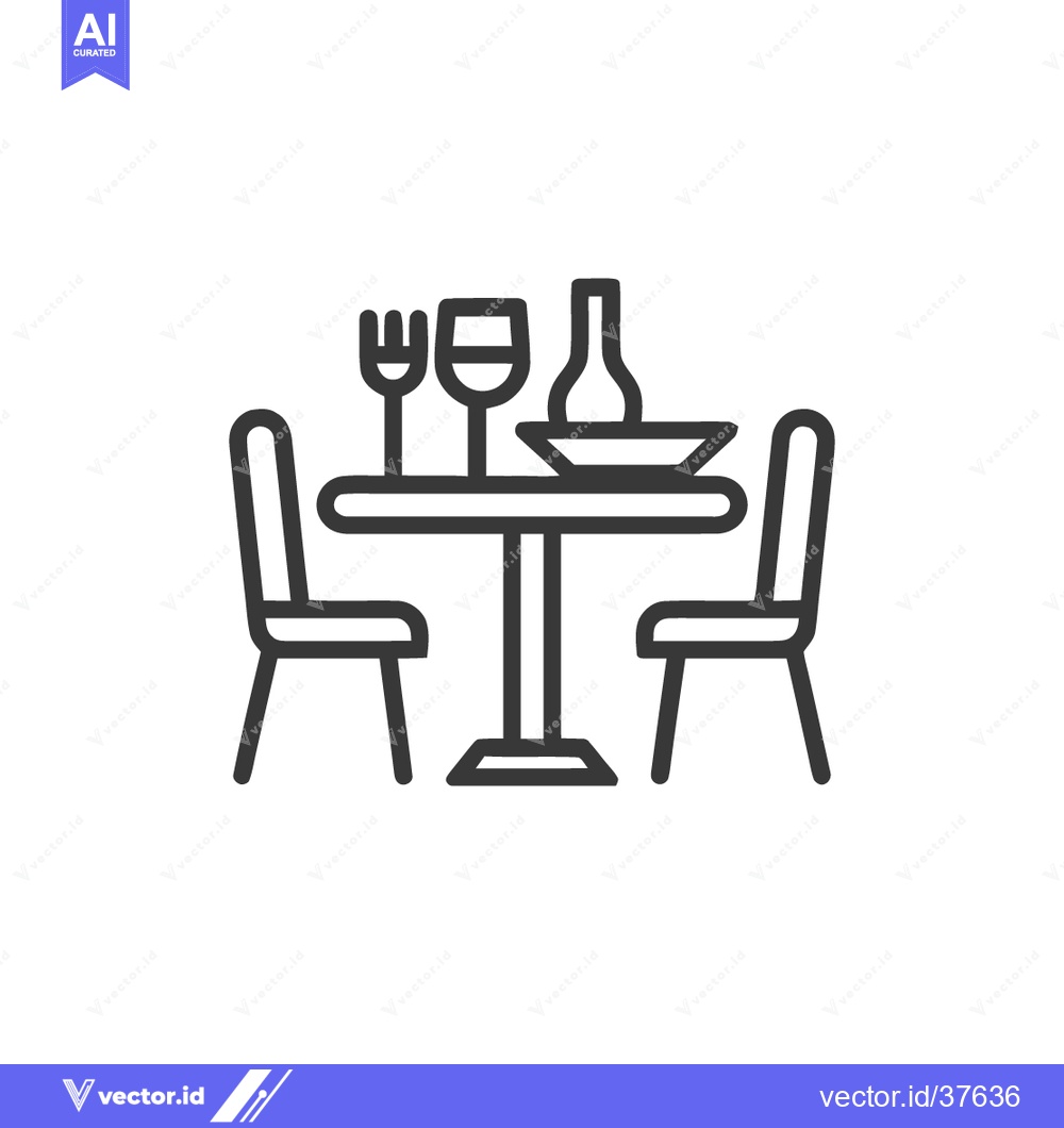 Premium Vector dari Minimalist Dining Table Icon: Wine, Plate, and Chairs in Outline Style
