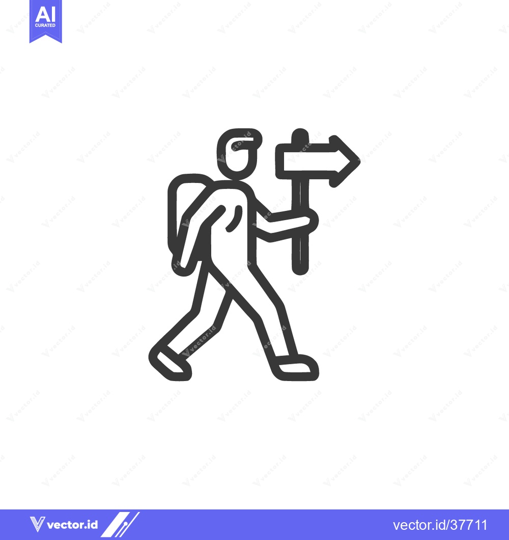 Premium Vector dari Hiker with Backpack Holding Directional Sign, Line Art Illustration