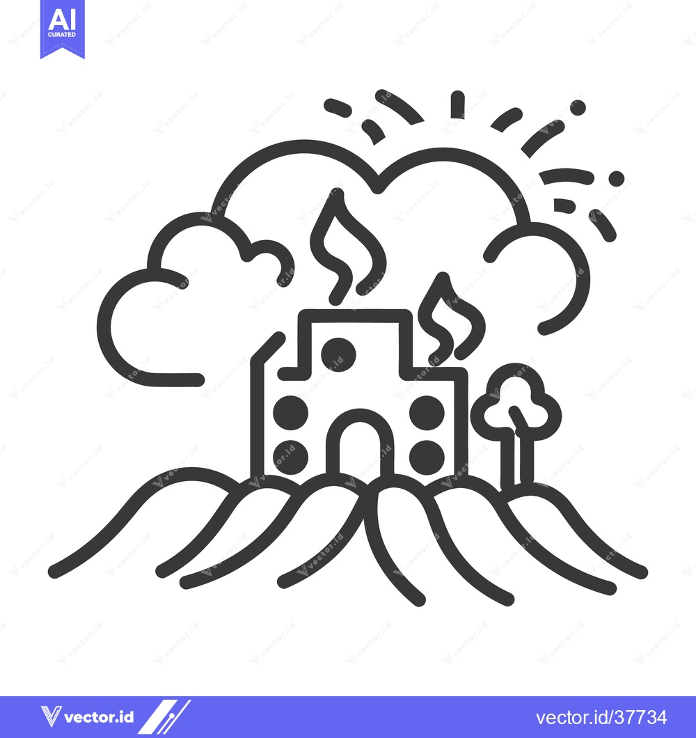 Premium Vector dari A building surrounded by smoke and flames sits on hills