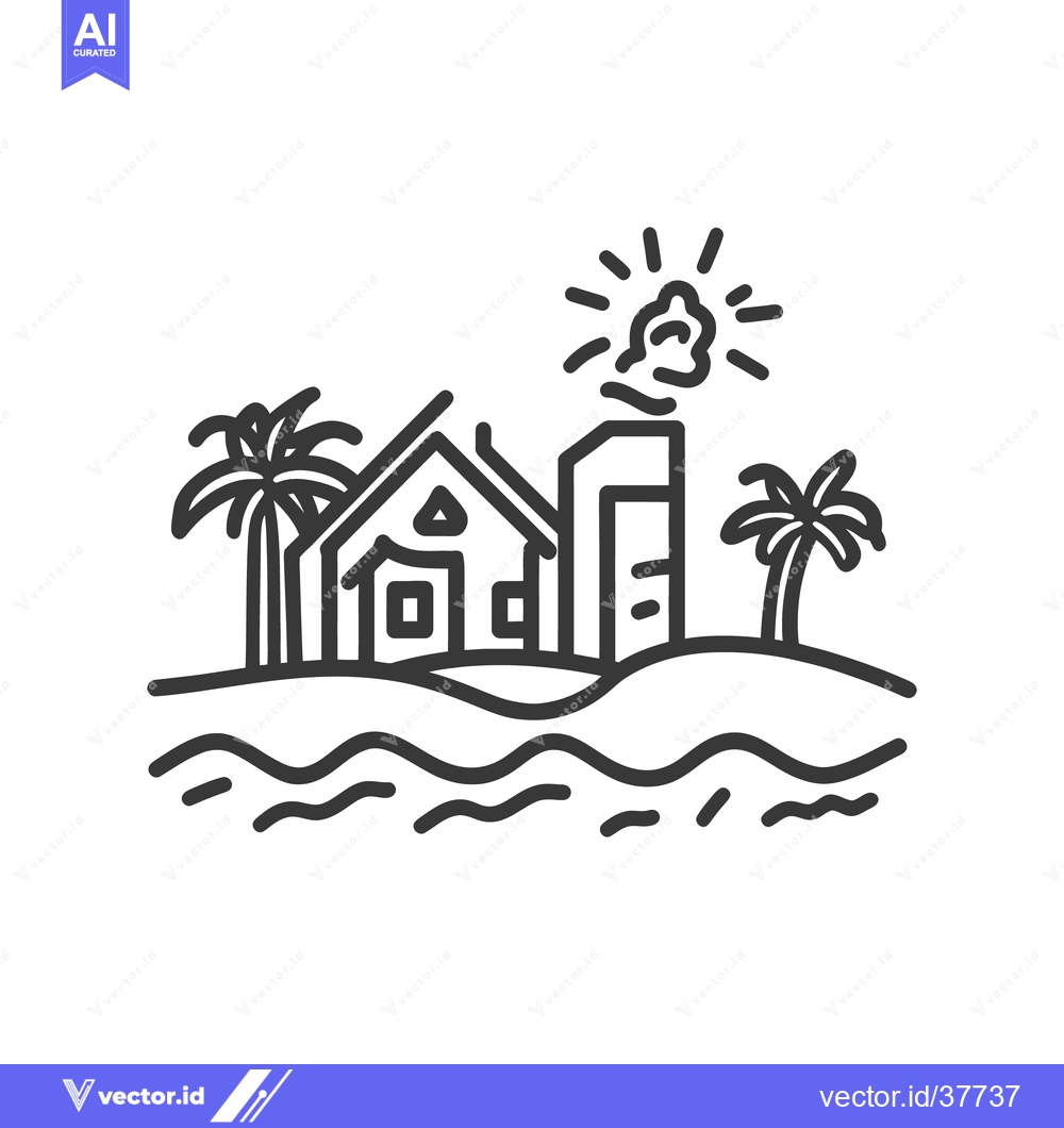 Premium Vector of A coastal scene depicting a house next to palm trees and water