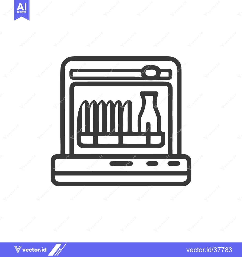 Premium Vector of Dishwasher Icon: Clean Dishes, Bottle, and Utensils in Minimalist Line
