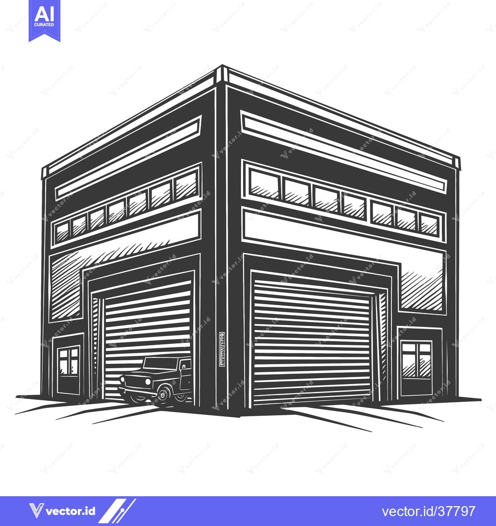 Premium Vector of A Black And White Illustration Of A Car Garage Building
