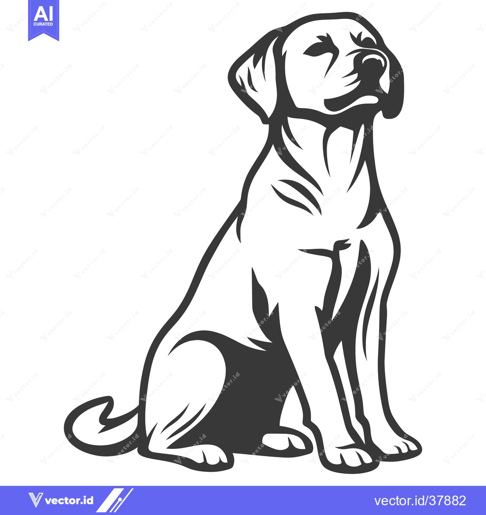 Premium Vector of Black and white illustration shows a sitting dog looking upwards