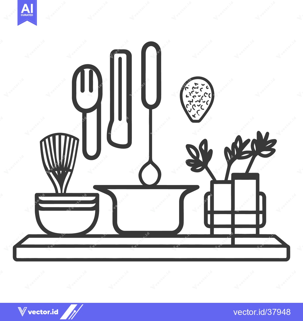 Premium Vector dari Various kitchen utensils and plants displayed on a shelf with a bowl