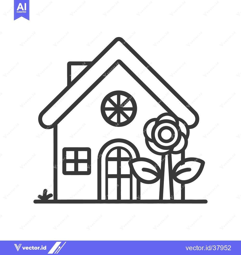 Premium Vector dari A simple black line drawing of a cute house and flower