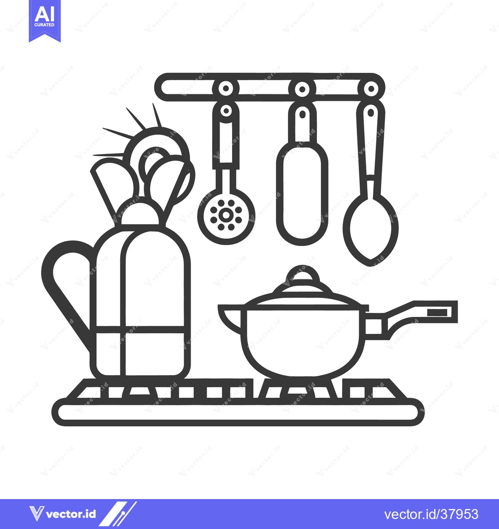 Premium Vector dari Simple black and white kitchen scene featuring cooking utensils and po