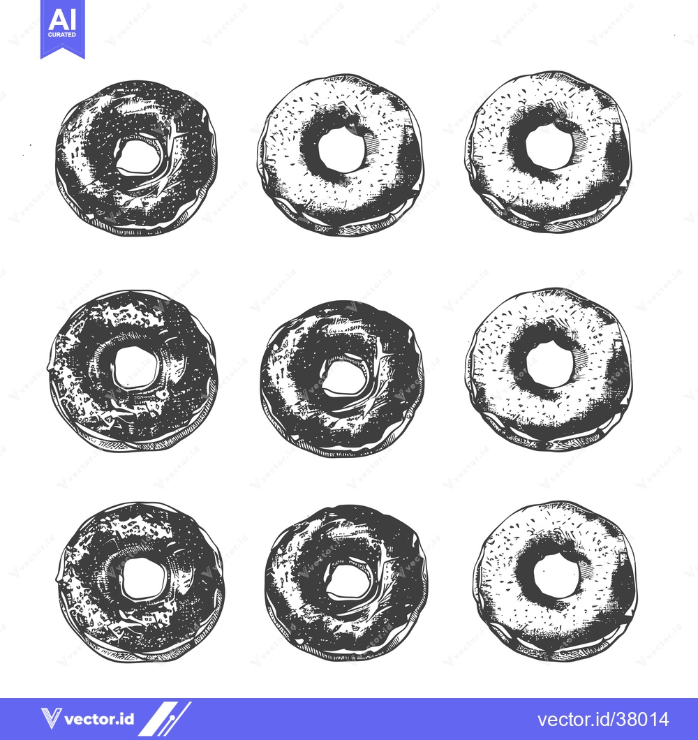 Premium Vector of Nine Delicious Donuts Illustrated In Black And White