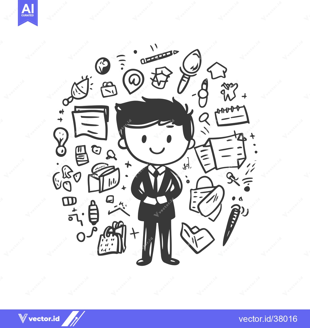 Premium Vector of Doodle Illustration of a Businessman Surrounded by Work Items