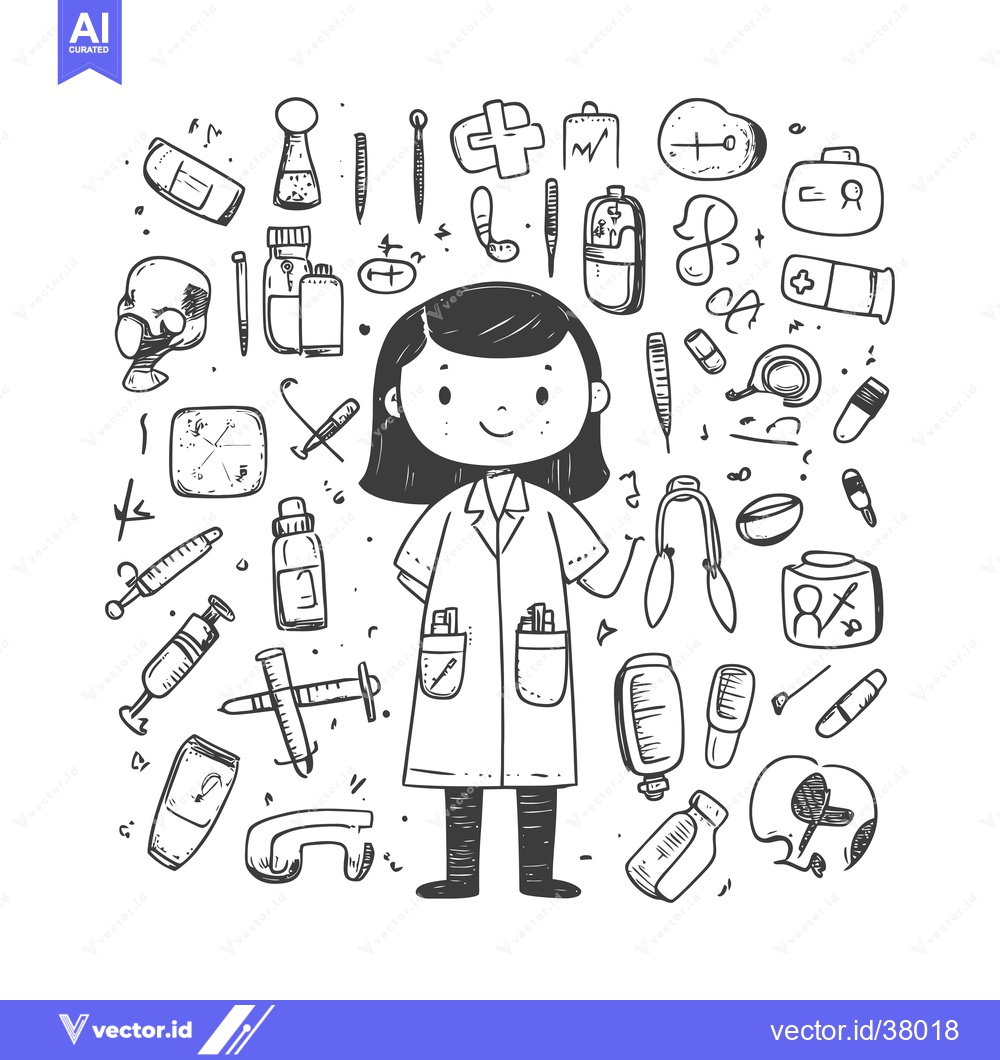 Premium Vector of Doodle Illustration of a Female Doctor with Medical Supplies