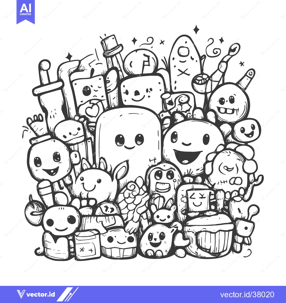 Premium Vector dari Doodle Illustration of a Group of Smiling Cartoon Creatures