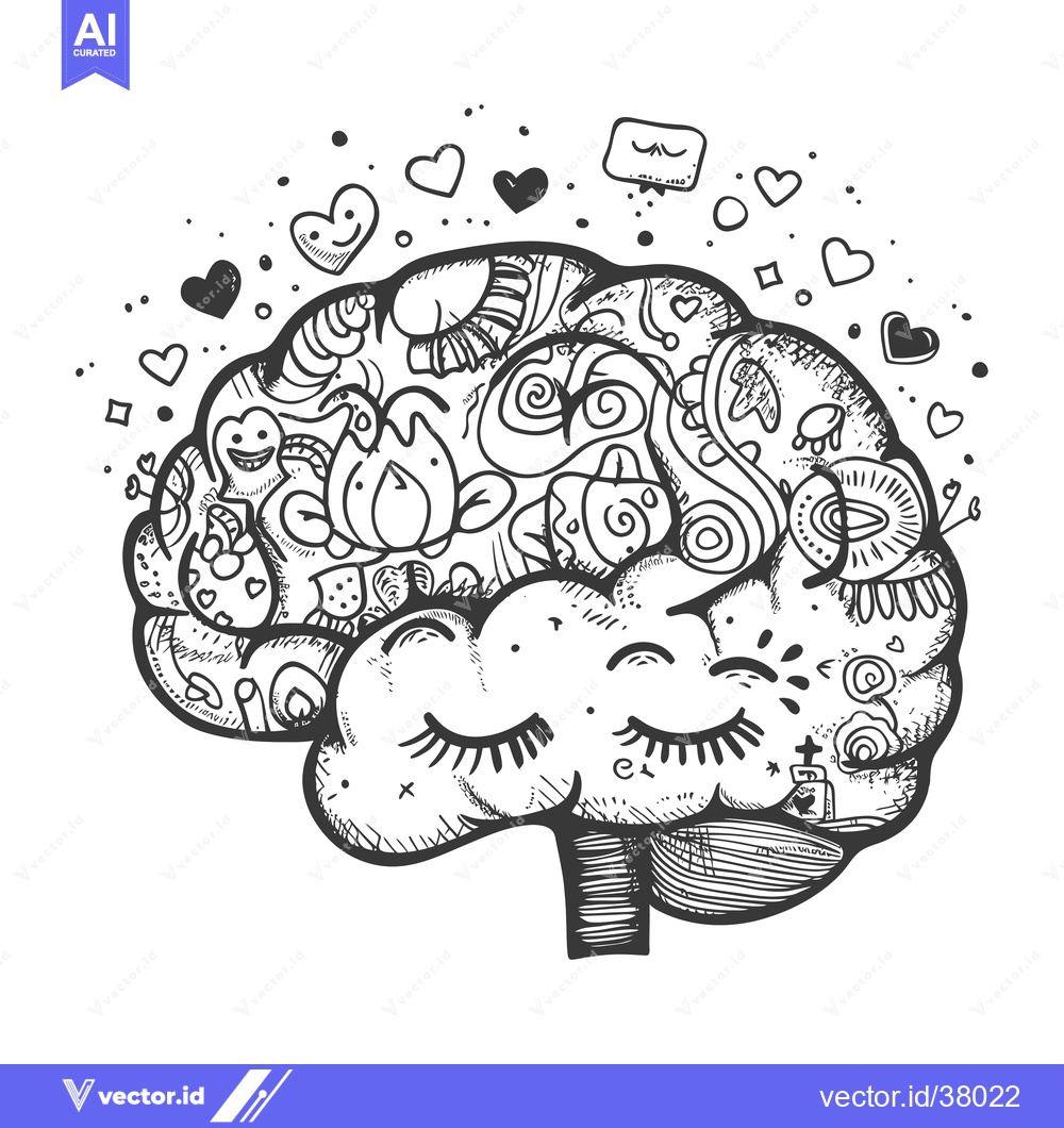 Premium Vector of Doodle Illustration of a Human Brain with Hearts, Flowers, and Eyes