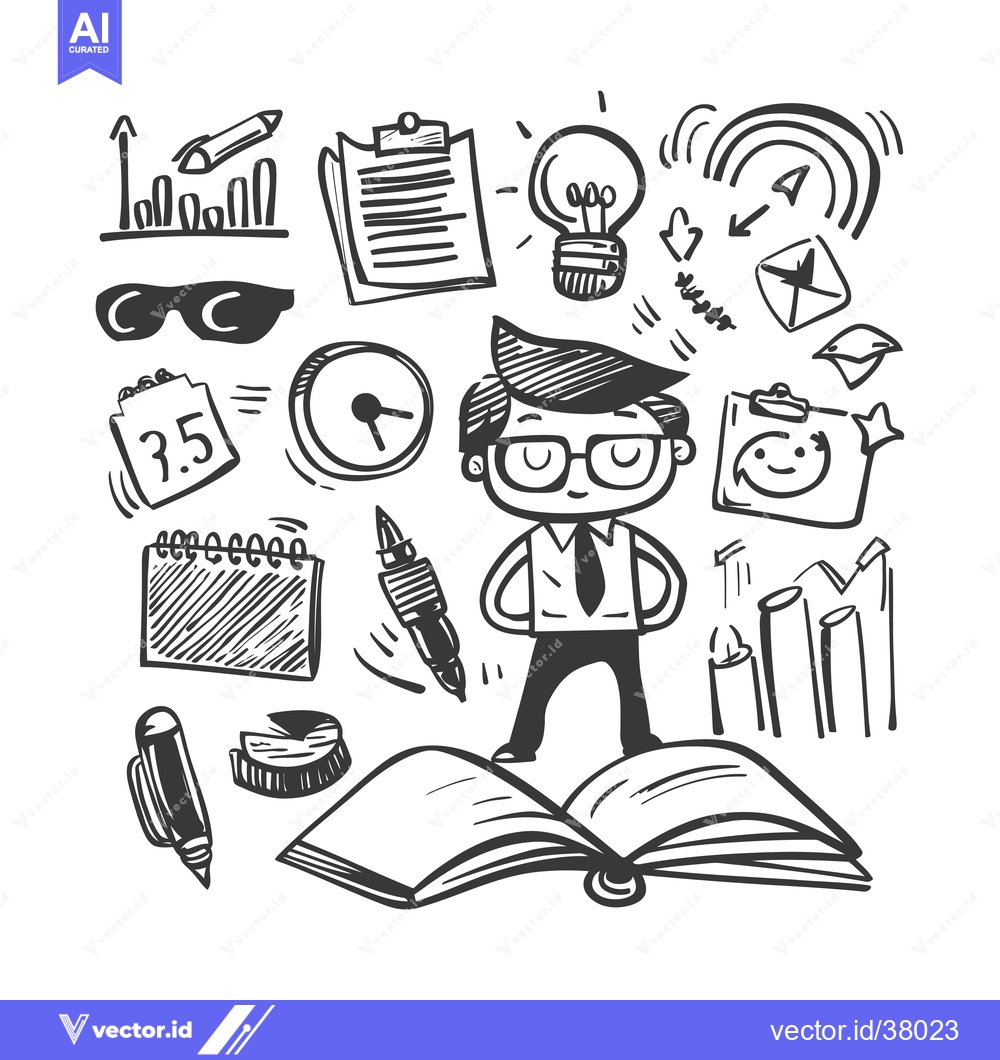 Premium Vector dari Doodle Illustration of a Man Surrounded by Business and Education Elem