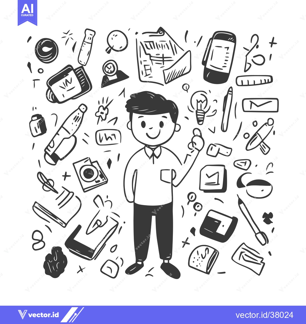 Premium Vector dari Doodle Illustration of a Man Surrounded by Various Office Supplies and