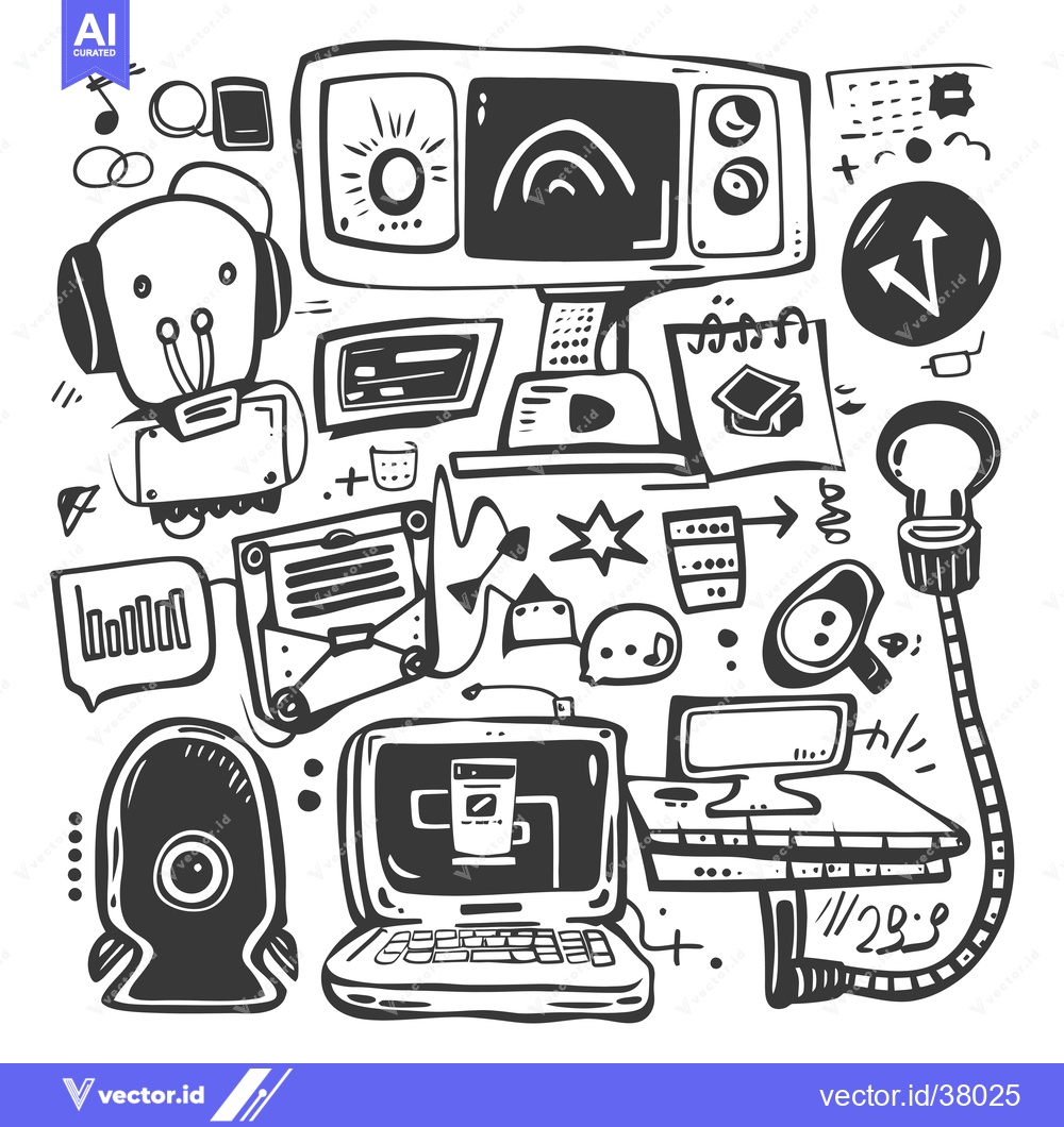 Premium Vector dari Doodle Illustration of a Modern Workstation with Gadgets and Devices