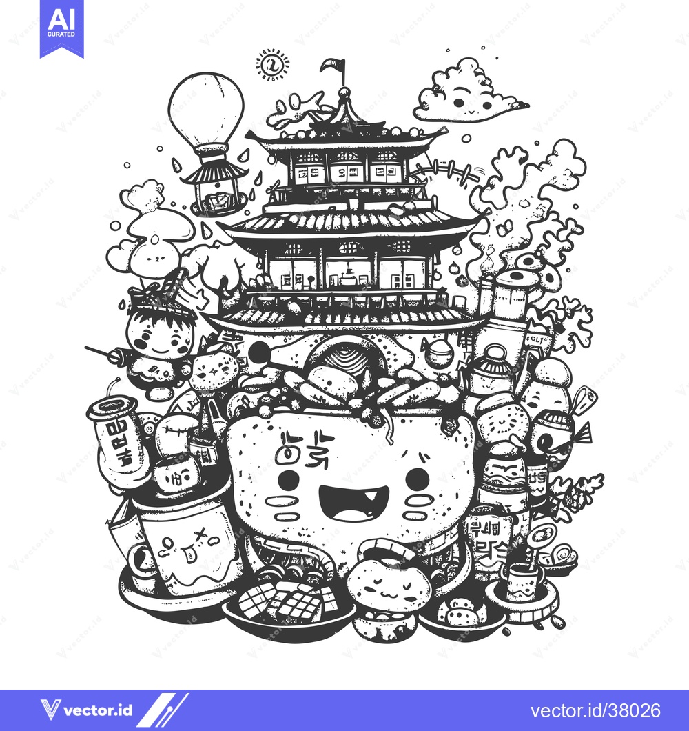 Premium Vector dari Doodle Illustration of a Smiling Face Surrounded by Korean Culture Ele