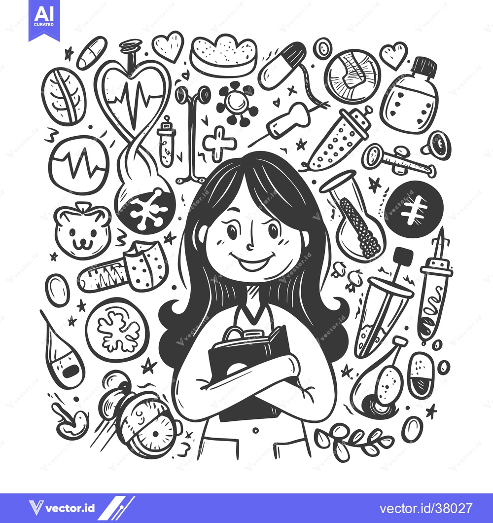 Premium Vector of Doodle Illustration of a Smiling Female Doctor with Medical Symbols