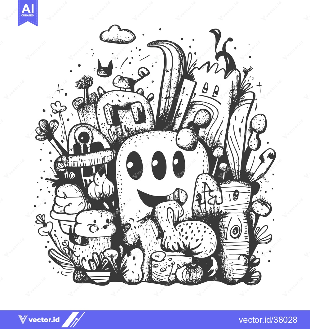 Premium Vector dari Doodle illustration of a smiling monster amidst a whimsical landscape