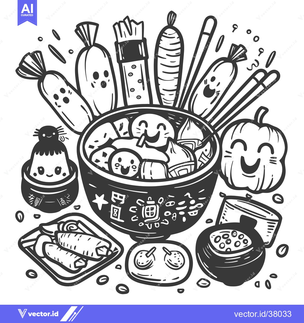 Premium Vector dari Doodle Illustration of Japanese Cuisine with Smiling Food Characters