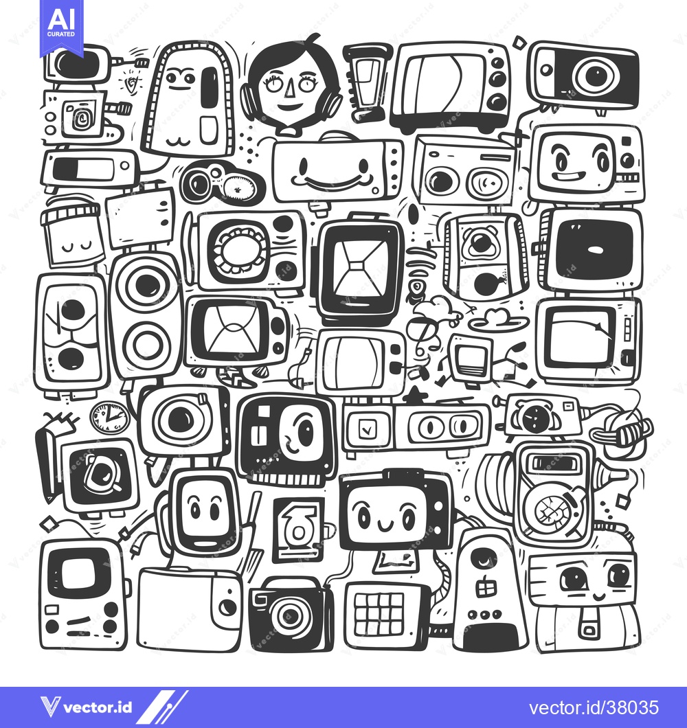 Premium Vector dari Doodle Illustration of Retro and Modern Electronics with Personified F