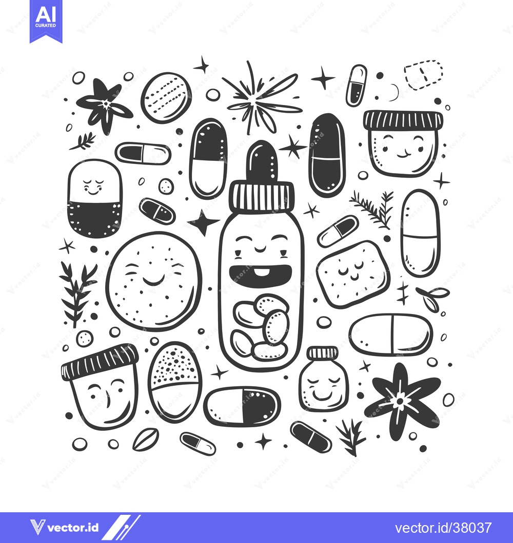 Premium Vector dari Doodle Illustration of Smiling Pills and Bottles