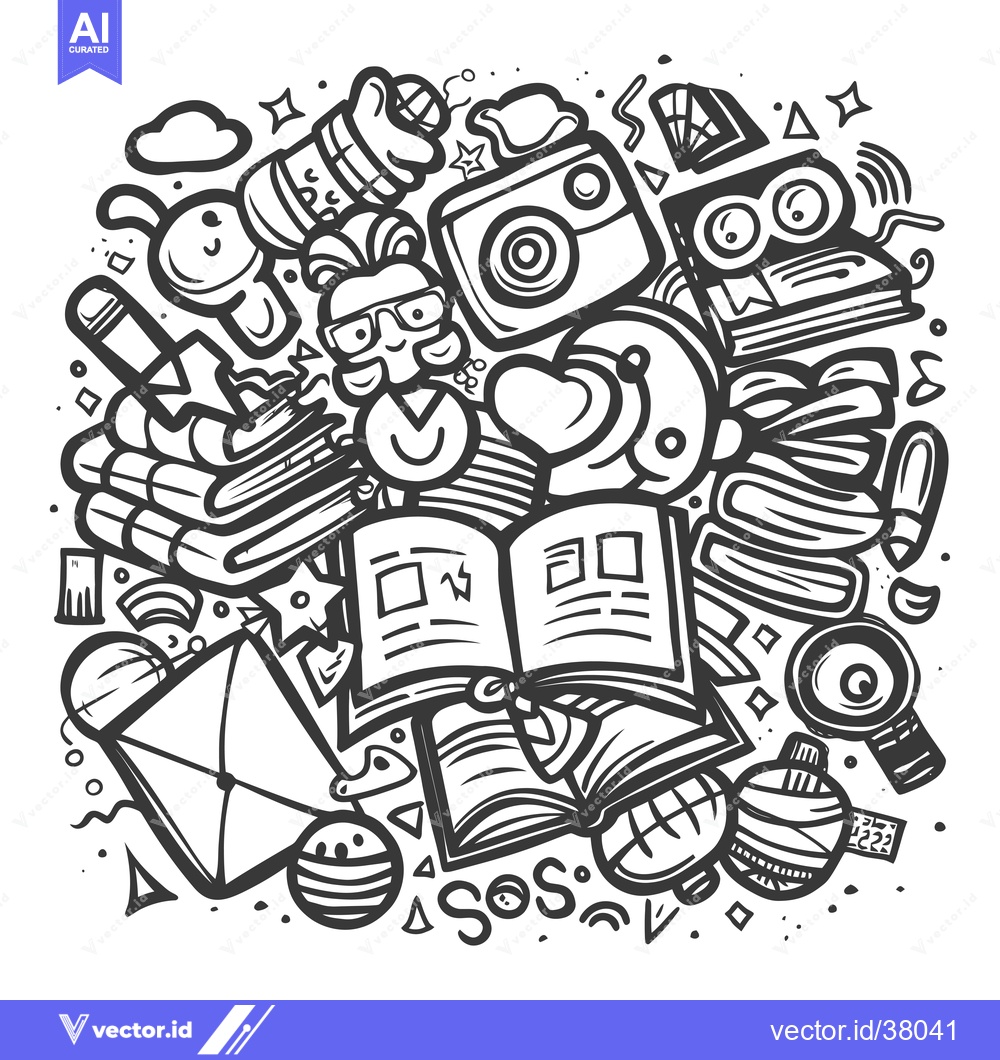 Premium Vector of Doodle Illustration with Books, Glasses, and a Heart