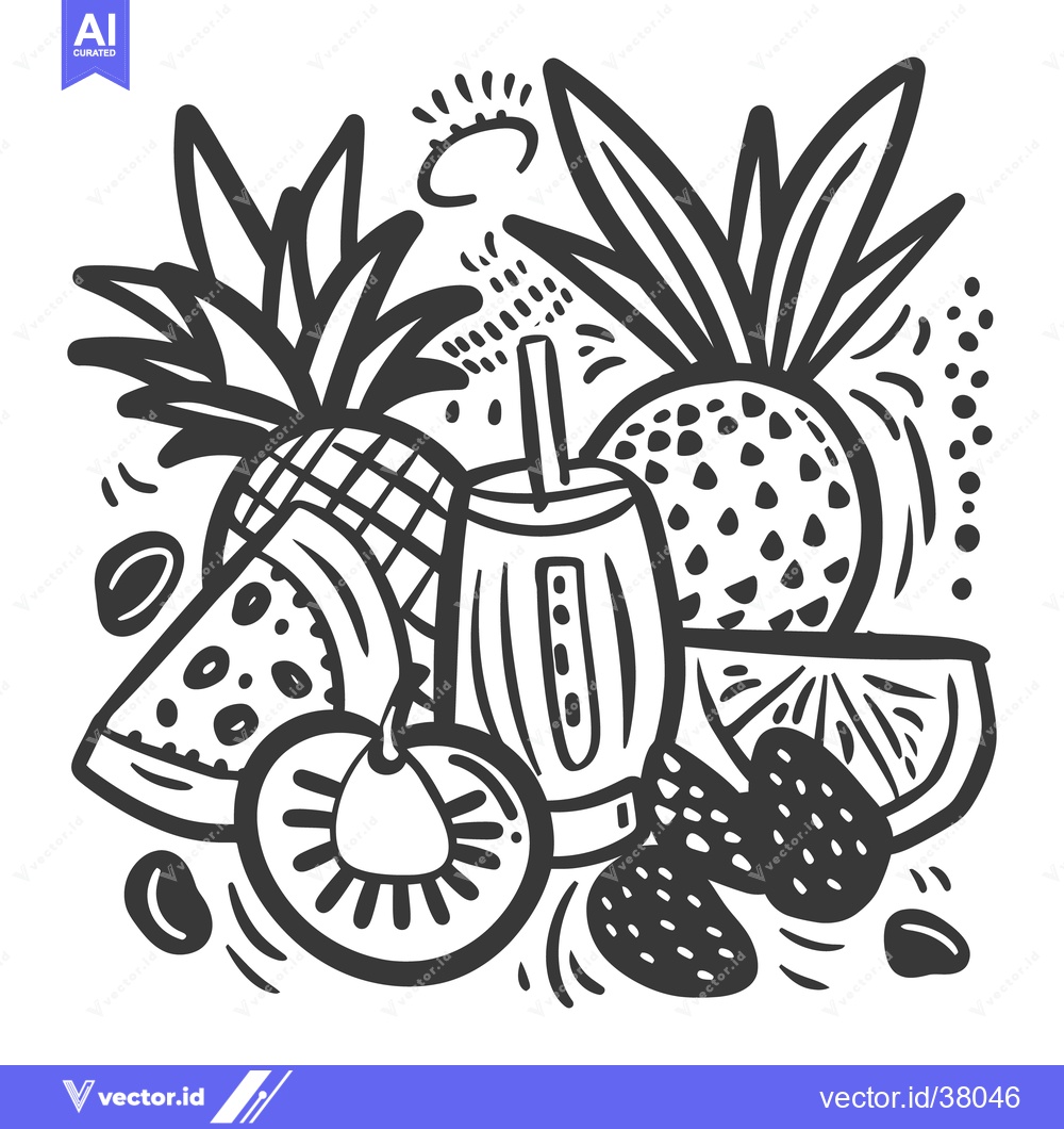Premium Vector of A black and white drawing depicting assorted fruits and a drink