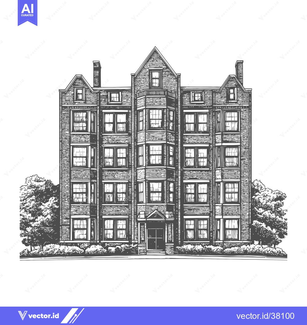 Premium Vector dari A Classic Brick Apartment Building With Lush Landscaping
