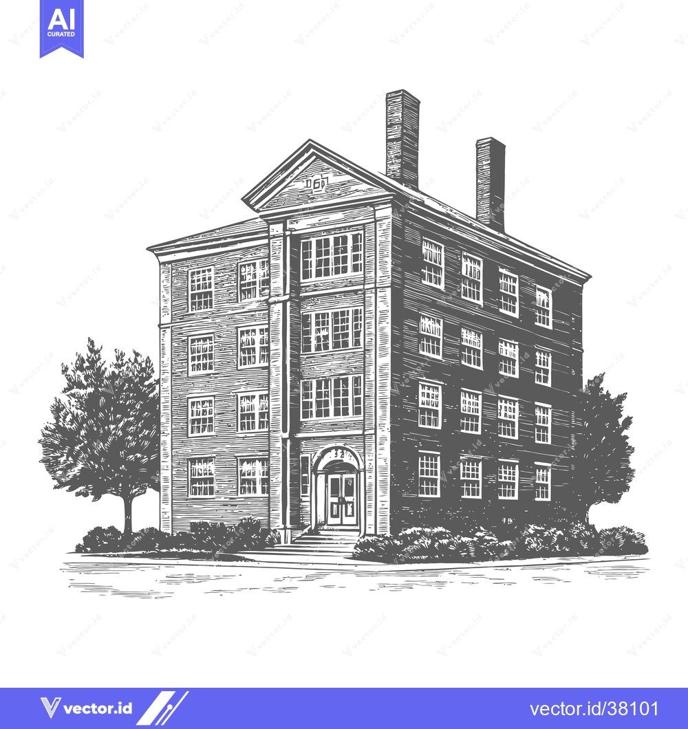 Premium Vector of A Classic Multistory Brick Building With Trees