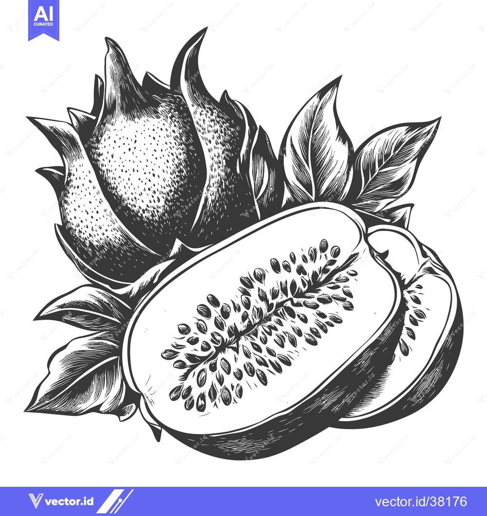 Premium Vector of Dragon Fruit Illustration Showing Whole And Sliced Fruit With Leaves