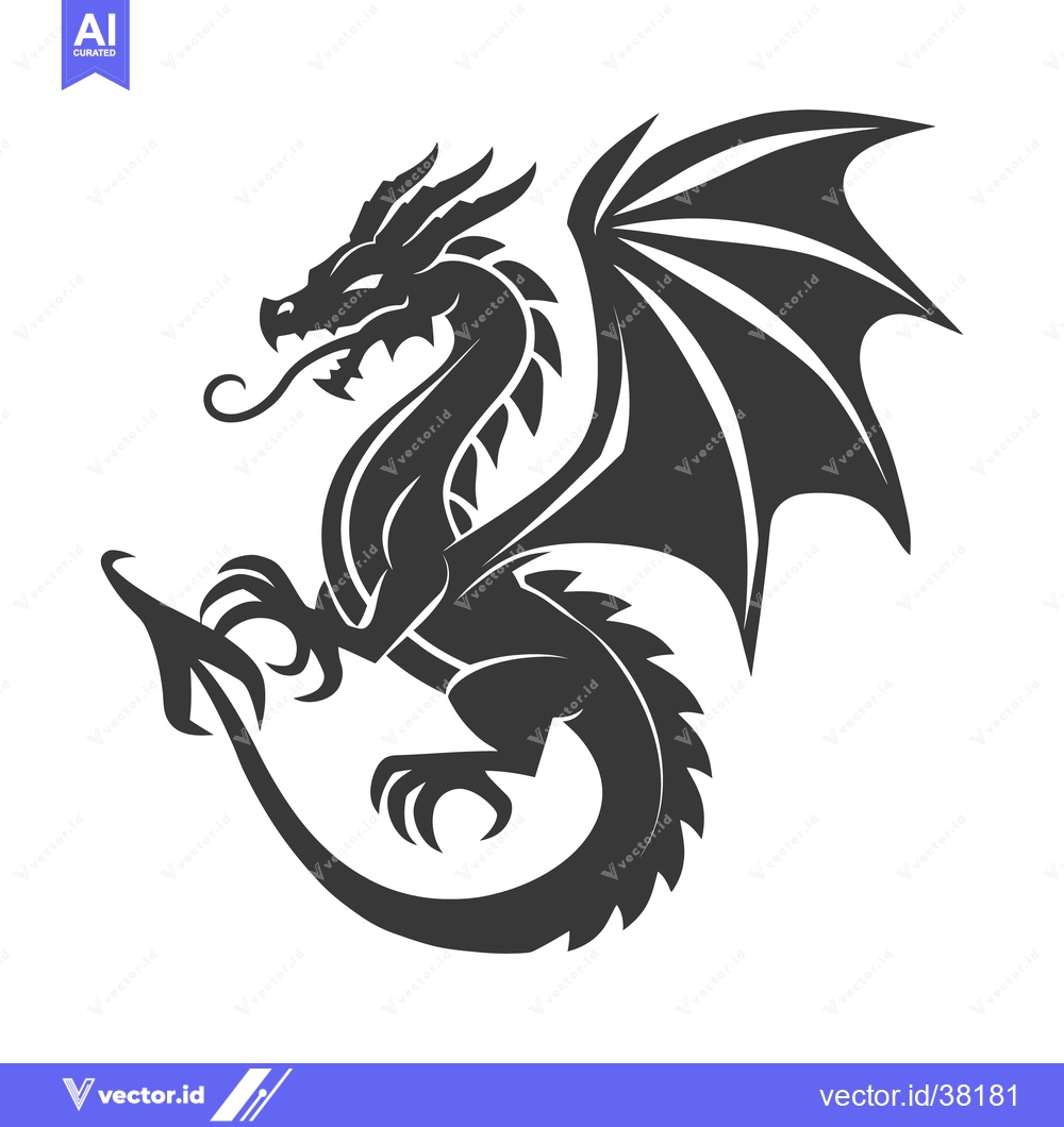Premium Vector of A stylized dark illustration depicts a winged dragon with fierce featu
