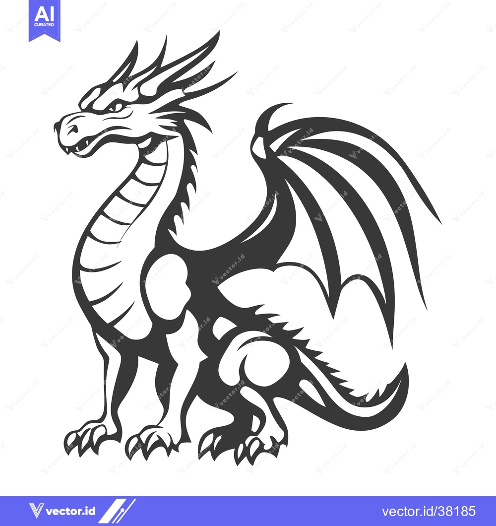 Premium Vector of A powerful dragon illustration in a black and white graphic style