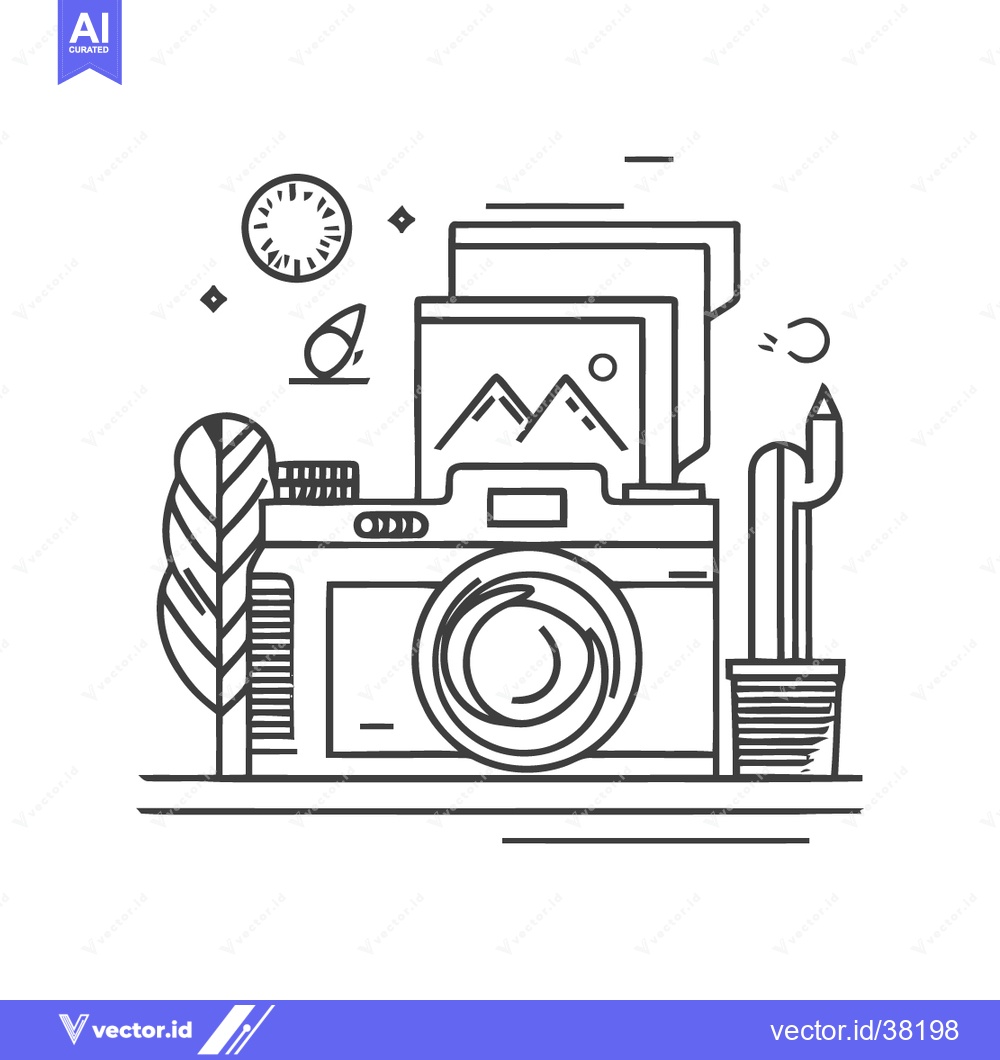 Premium Vector of Minimalist Camera Icon with Mountain Image and Clock, Line Art