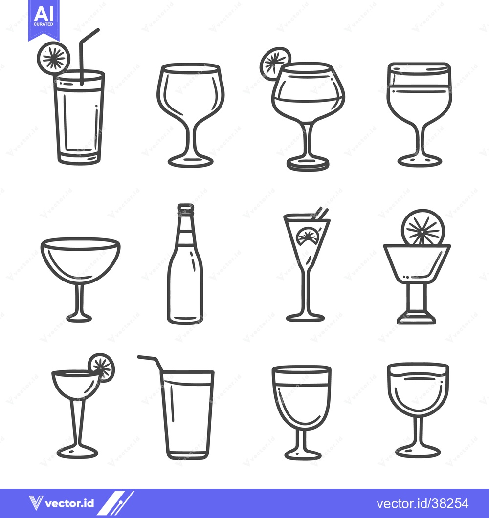 Premium Vector dari Various types of beverage glasses and a bottle displayed in monochrome