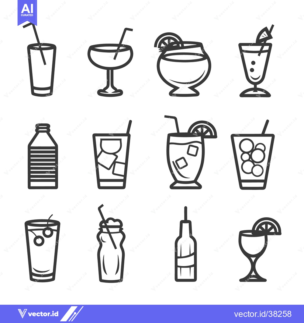Premium Vector dari Line art depicts various beverages with decorative garnishes and acces
