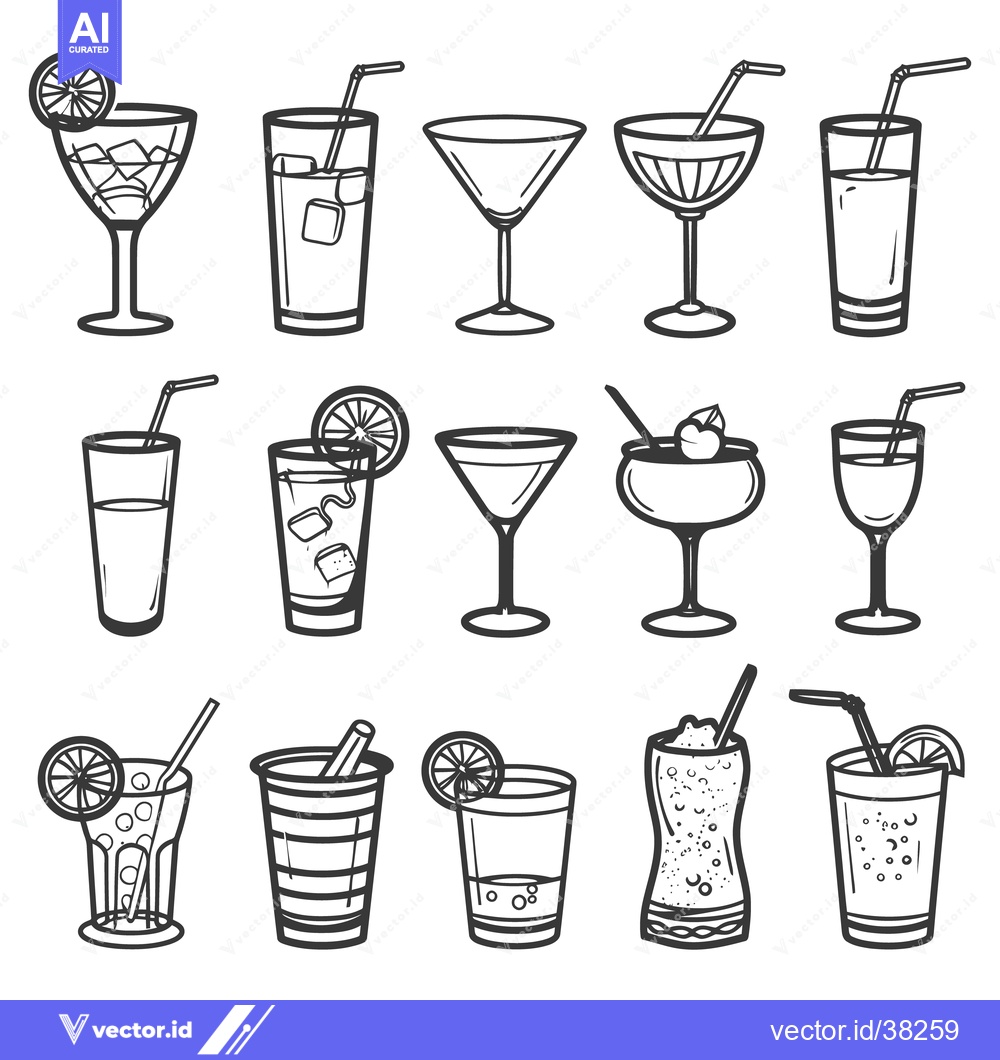 Premium Vector dari Outlined Images Depicting Various Types of Beverages in Glassware
