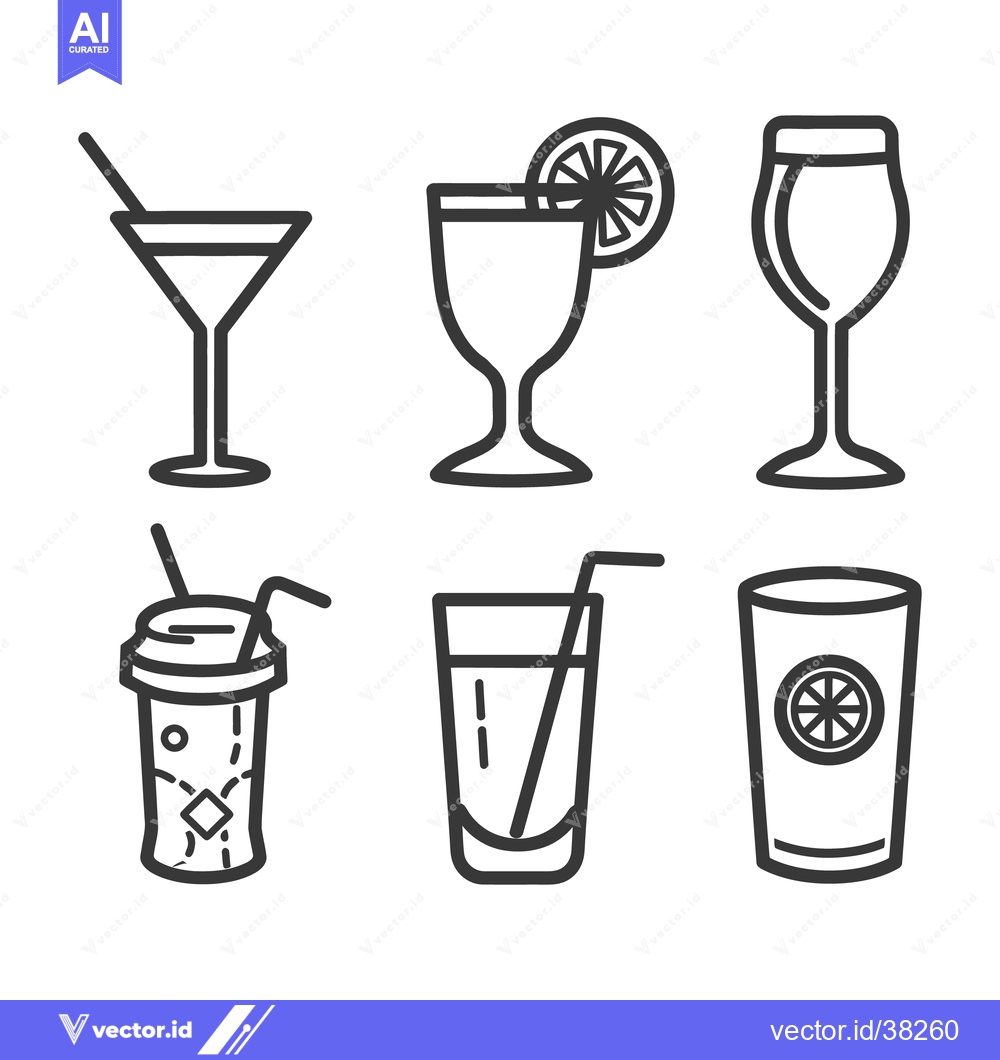 Premium Vector of Six different stylized drink glasses with straws and fruit garnish
