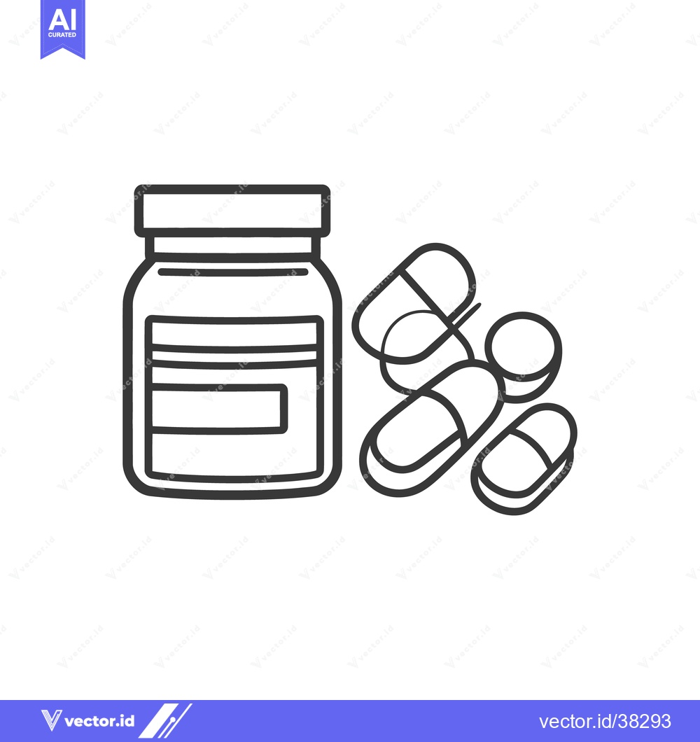 Premium Vector dari A schematic illustration of a medication bottle and various pills