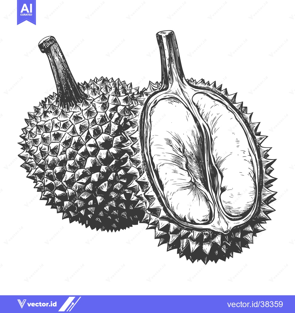 Premium Vector of Durian fruit illustration whole and halved showing inside