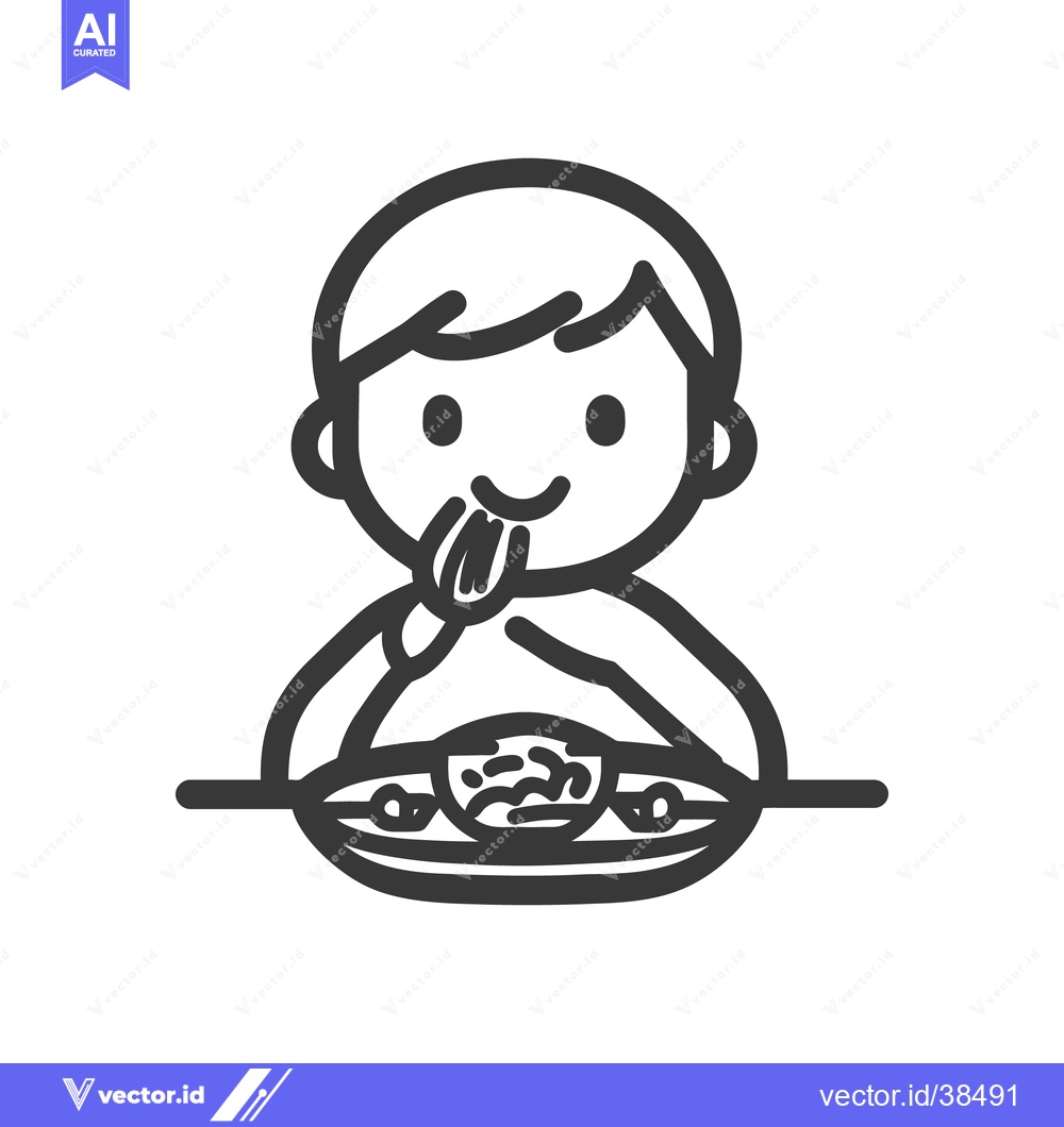 Premium Vector dari Cartoon person smiling while eating food from a plate with a fork
