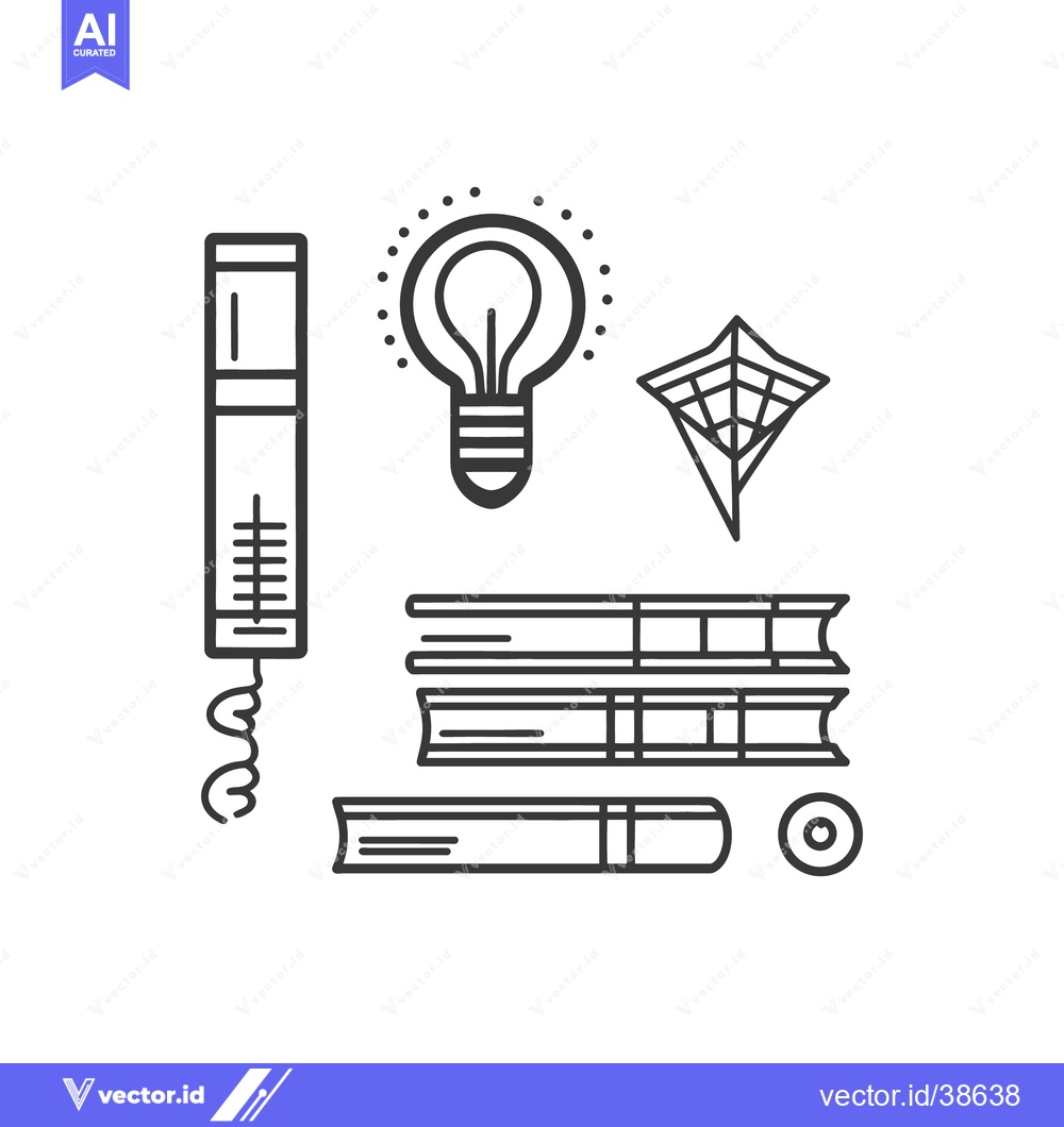 Premium Vector of Various black line illustrations showing books light and a kite