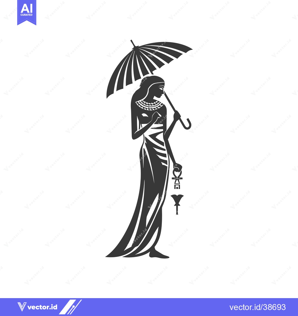 Premium Vector of Egyptian Woman in Dress Holding Umbrella and Ankh Symbol