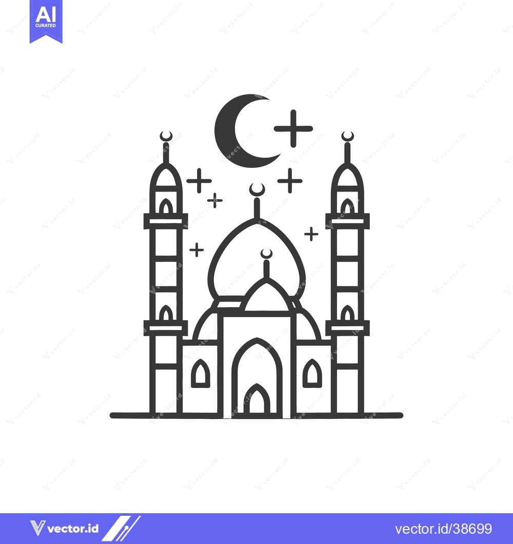 Premium Vector of A detailed black and white illustration of a mosque with a crescent