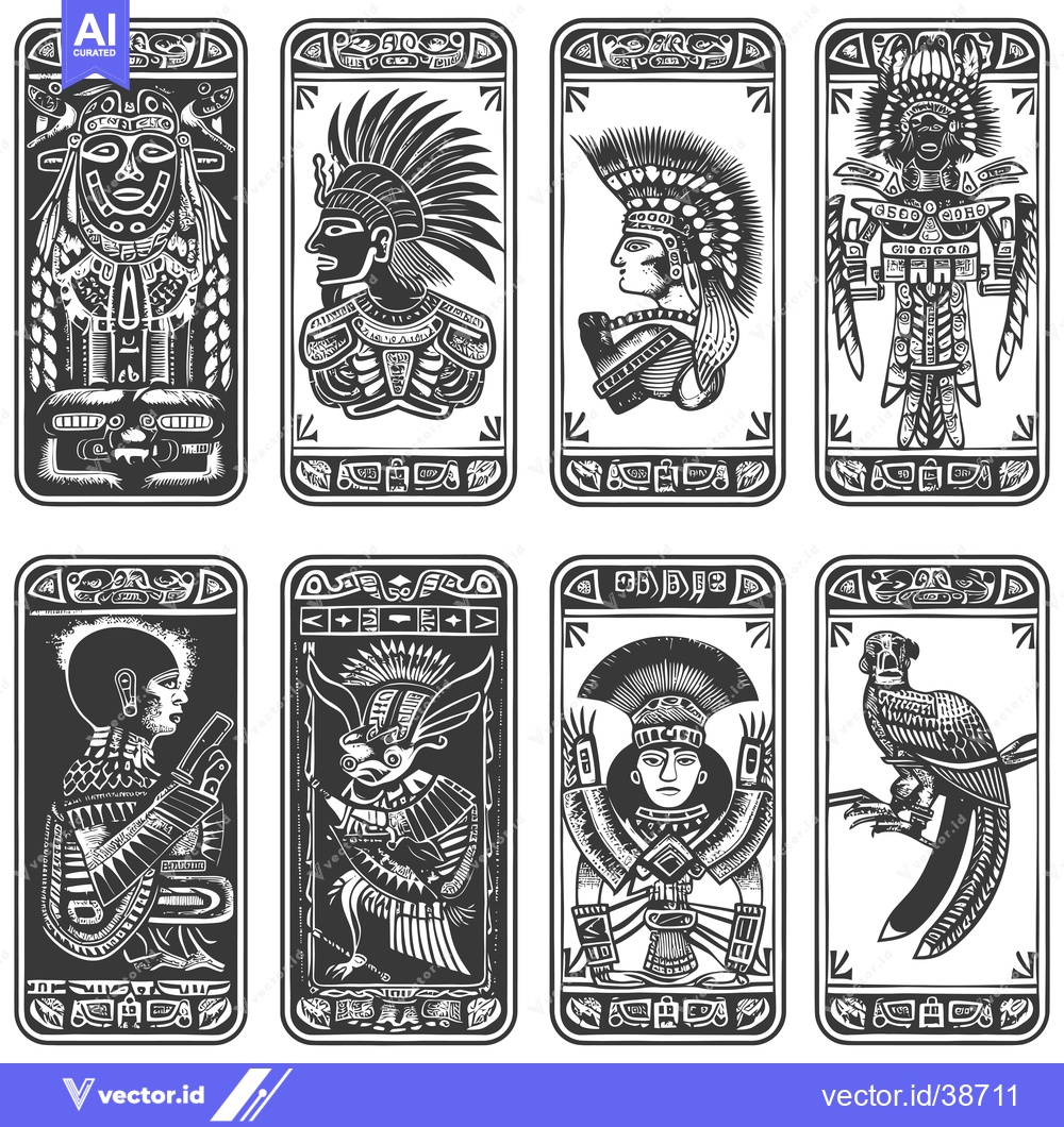 Premium Vector dari Eight Black and White Aztec-Inspired Glyphs