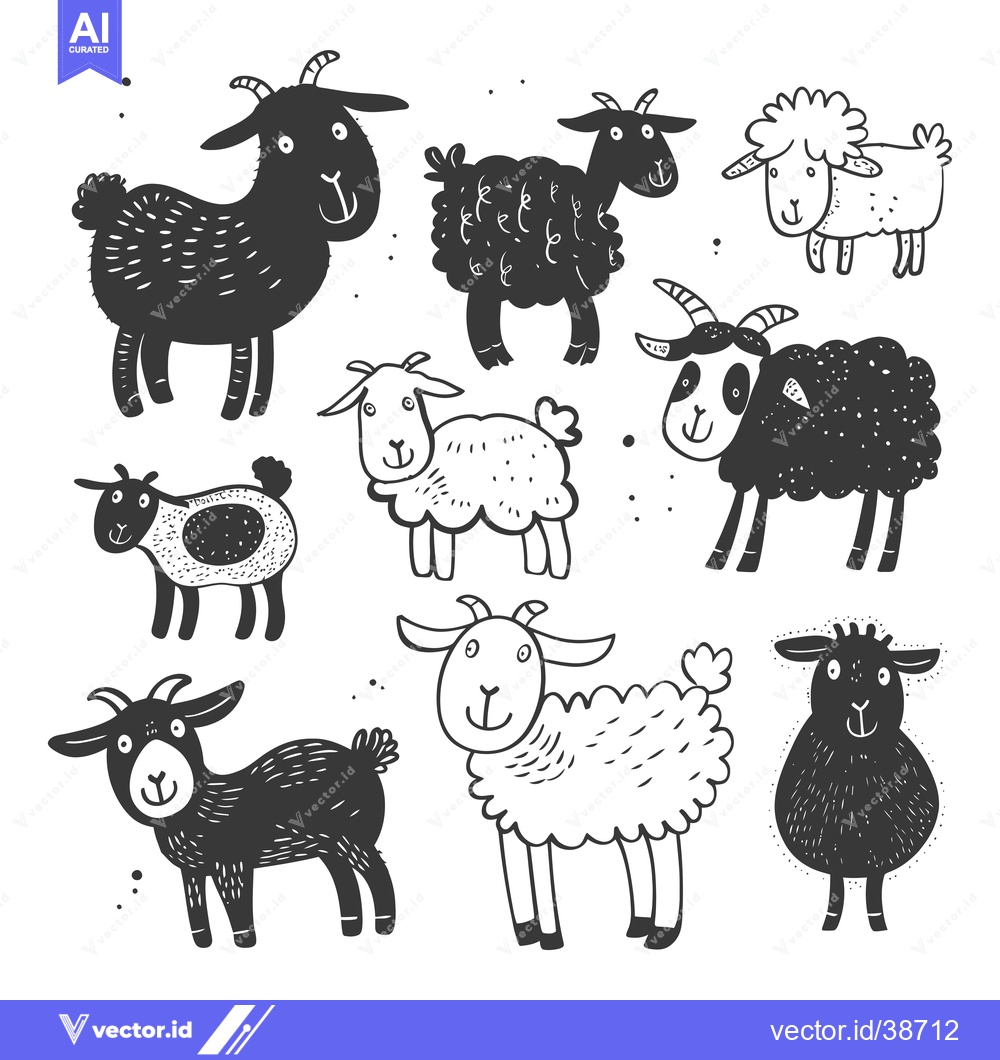 Premium Vector of Eight Black and White Cartoon Goats and Sheep
