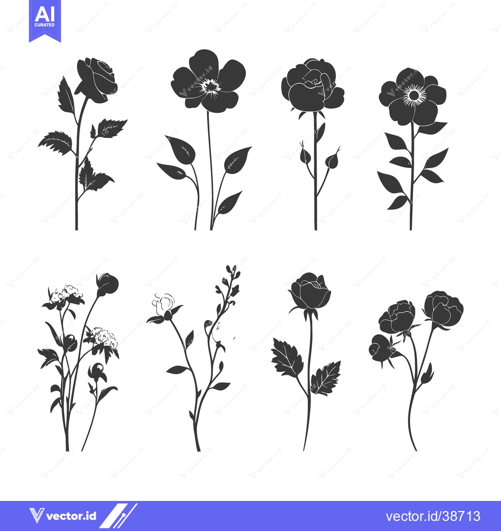 Premium Vector dari Eight Black and White Flower Silhouettes with Stems and Leaves