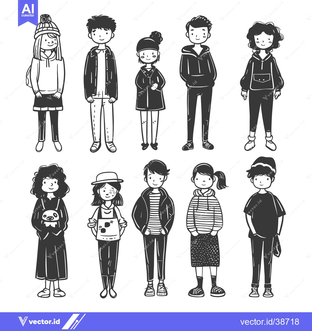 Premium Vector dari Eight Cartoon Characters in Casual Clothing